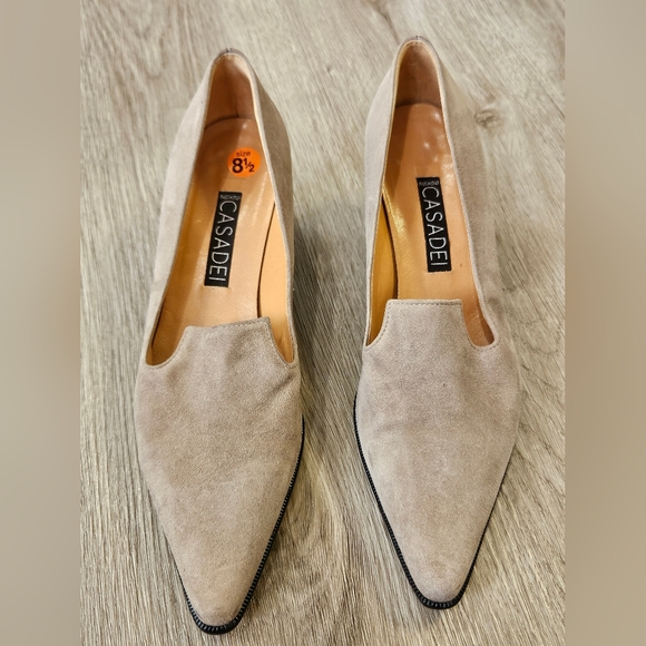 Vintage Casadei Beige Taupe Suede Leather Pointed Toe Heeled Loafers 8.5 AA - Picture 5 of 7